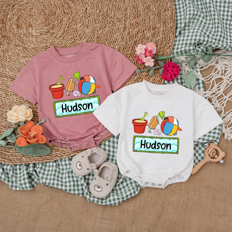 Personalized Baby Romper with Beach Theme Custom Name Summer Outfit Vibrant Party Clothes for Boys Soft Cotton Vacation Bodysuit