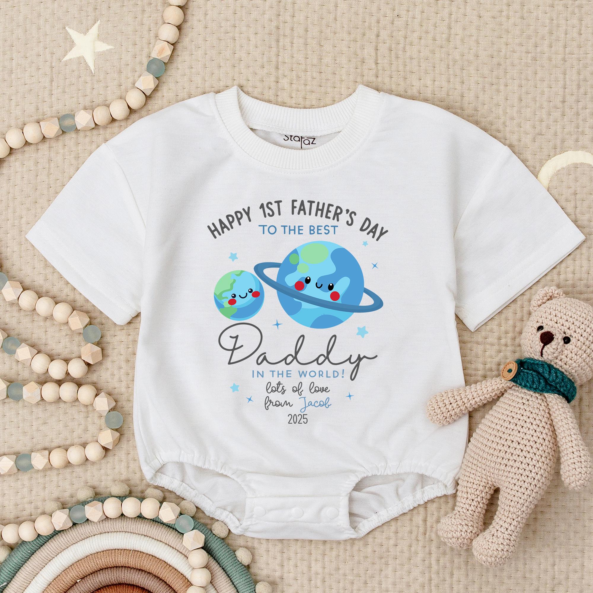 Personalized Happy 1st Father's Day Romper for Baby Saturn and Stars Design with Custom Name and Year Gift for New Dads