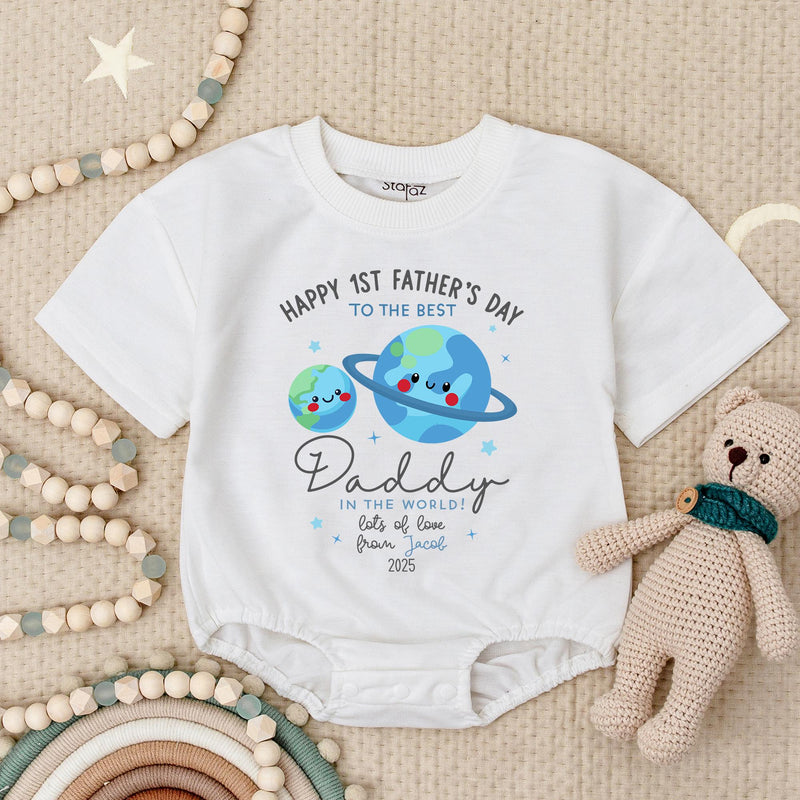 Custom Baby Romper for Happy 1st Father's Day, Soft Cotton Outfit with Planet Artwork, Perfect First Father’s Day Gift for Daddy