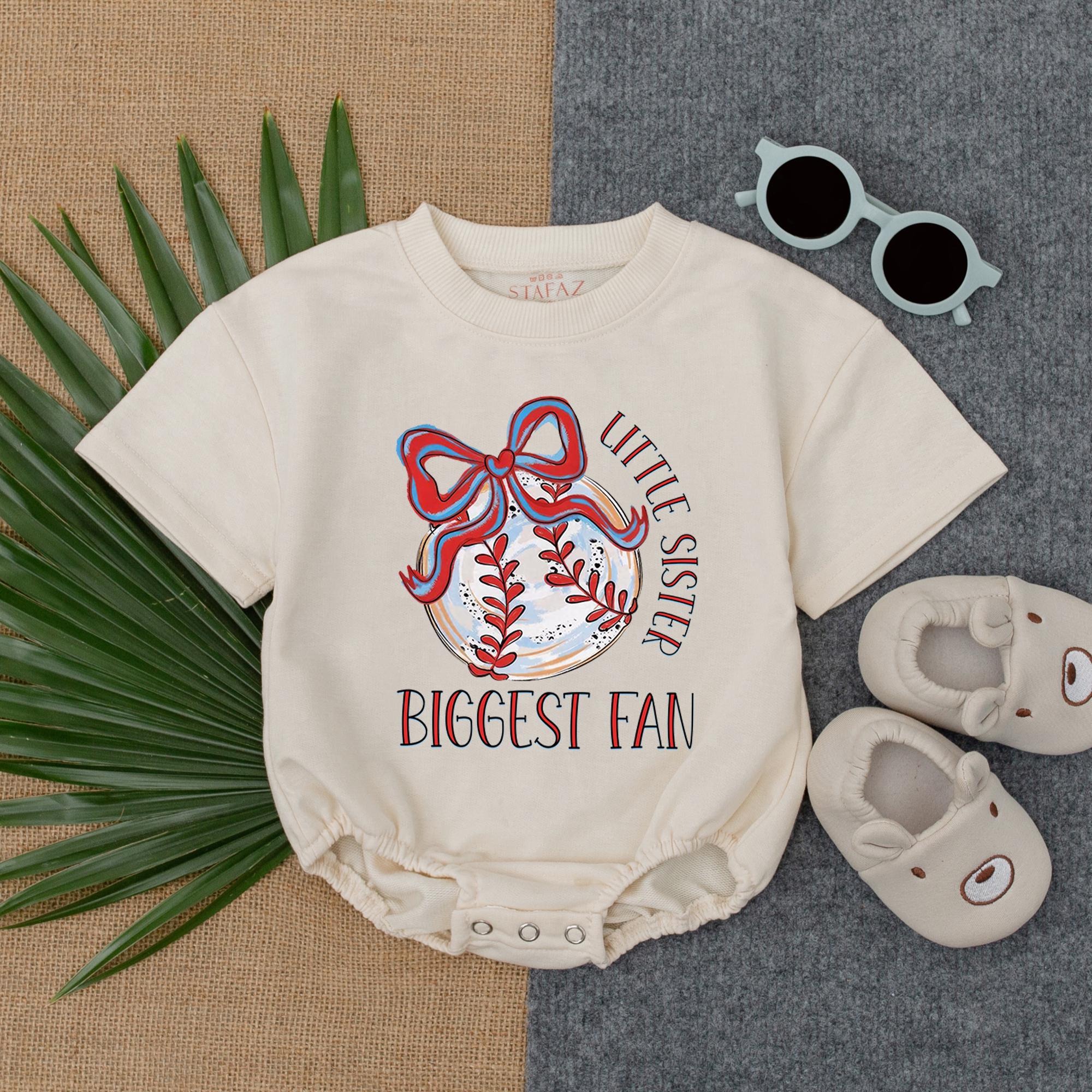 Little Sister Biggest Fan Baby Romper Baseball Bow Design Soft Cotton Newborn Infant Gift for Baseball Lover Toddler Girl Clothes
