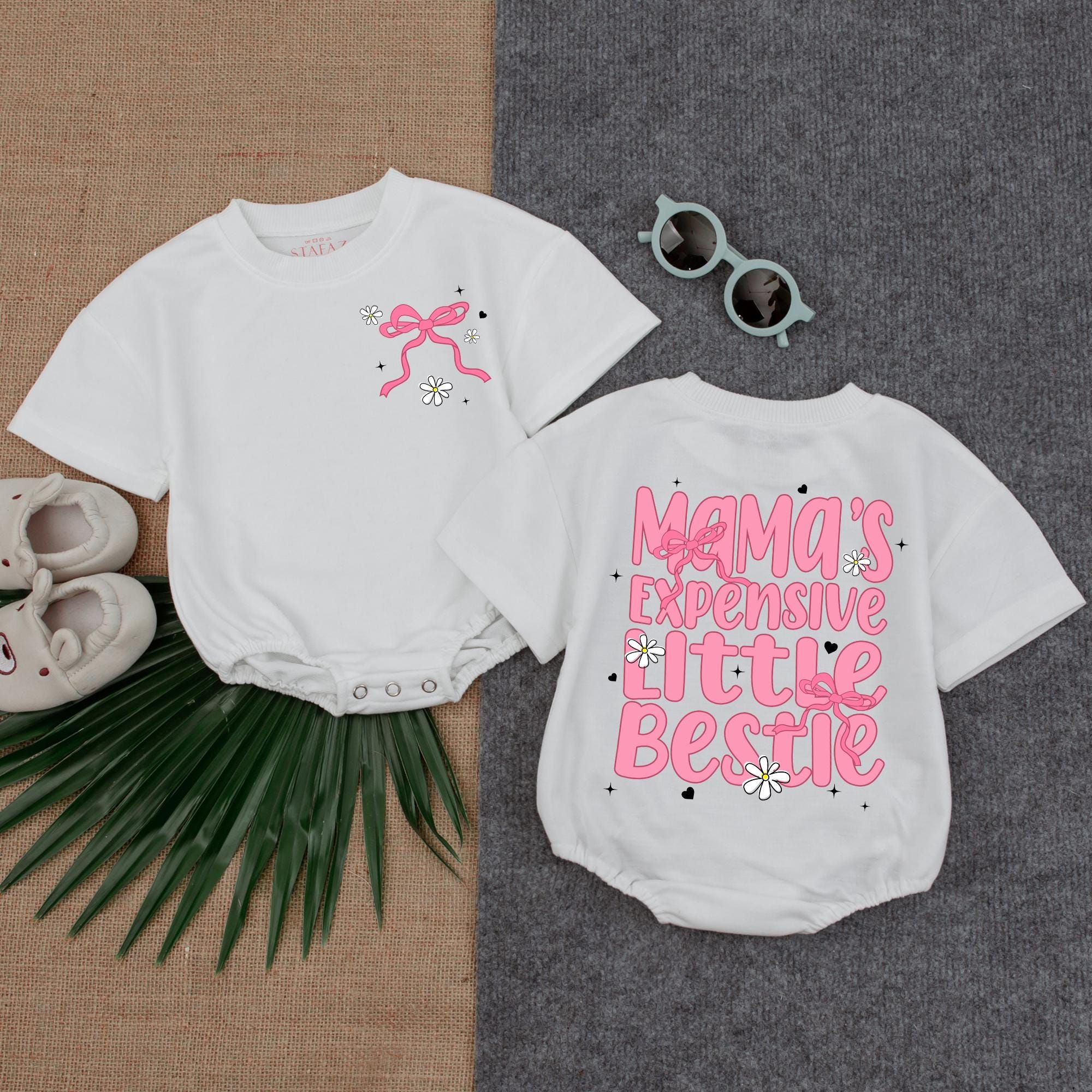 Mama's Expensive Little Bestie Pink Bow Romper Boho Baby Girl Outfit Cute Floral Star Pattern Mother's Day Gift Special Occasion Clothes