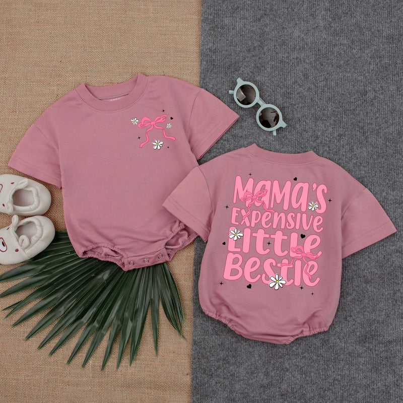 Mama's Expensive Little Bestie Pink Bow Romper Boho Baby Girl Outfit Cute Floral Star Pattern Mother's Day Gift Special Occasion Clothes