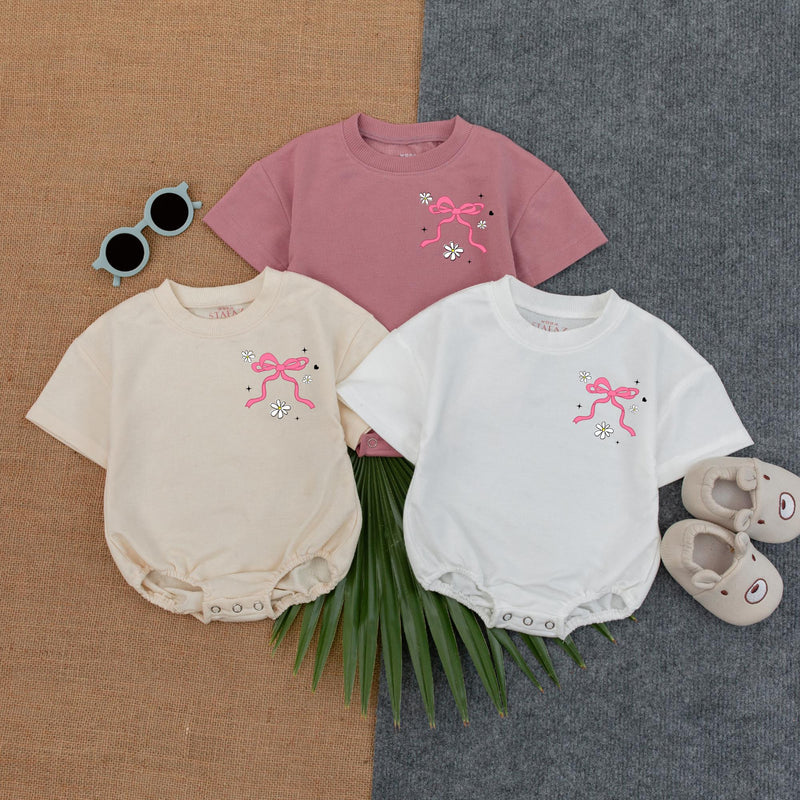 Mama's Expensive Little Bestie Pink Bow Romper Boho Baby Girl Outfit Cute Floral Star Pattern Mother's Day Gift Special Occasion Clothes
