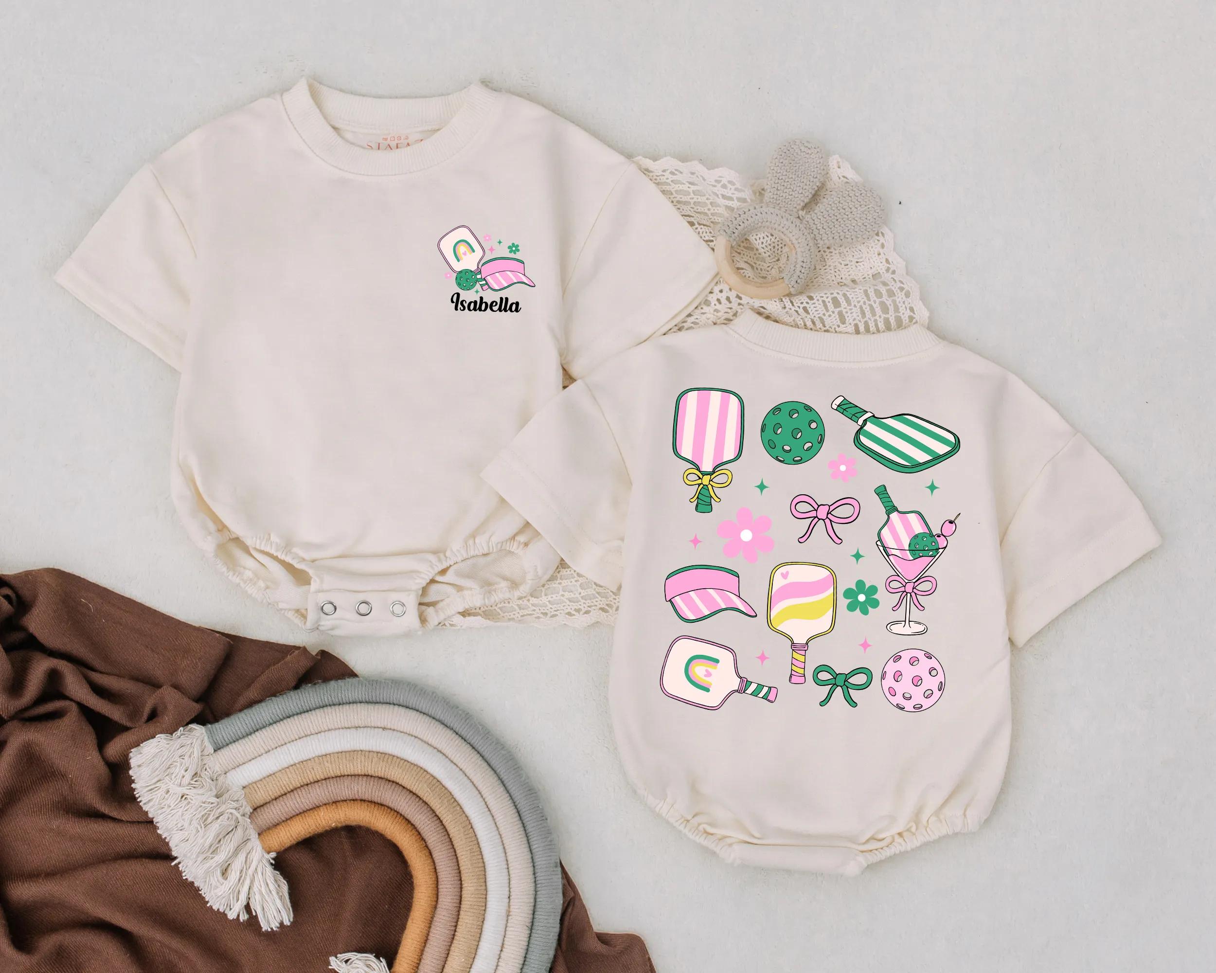 Custom Name Pickleball Romper for Baby Playful Paddle and Ball Design in Pink Green Yellow Cute Outfit Gift for Pickleball Lovers