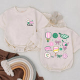 Custom Name Pickleball Romper for Baby Playful Paddle and Ball Design in Pink Green Yellow Cute Outfit Gift for Pickleball Lovers