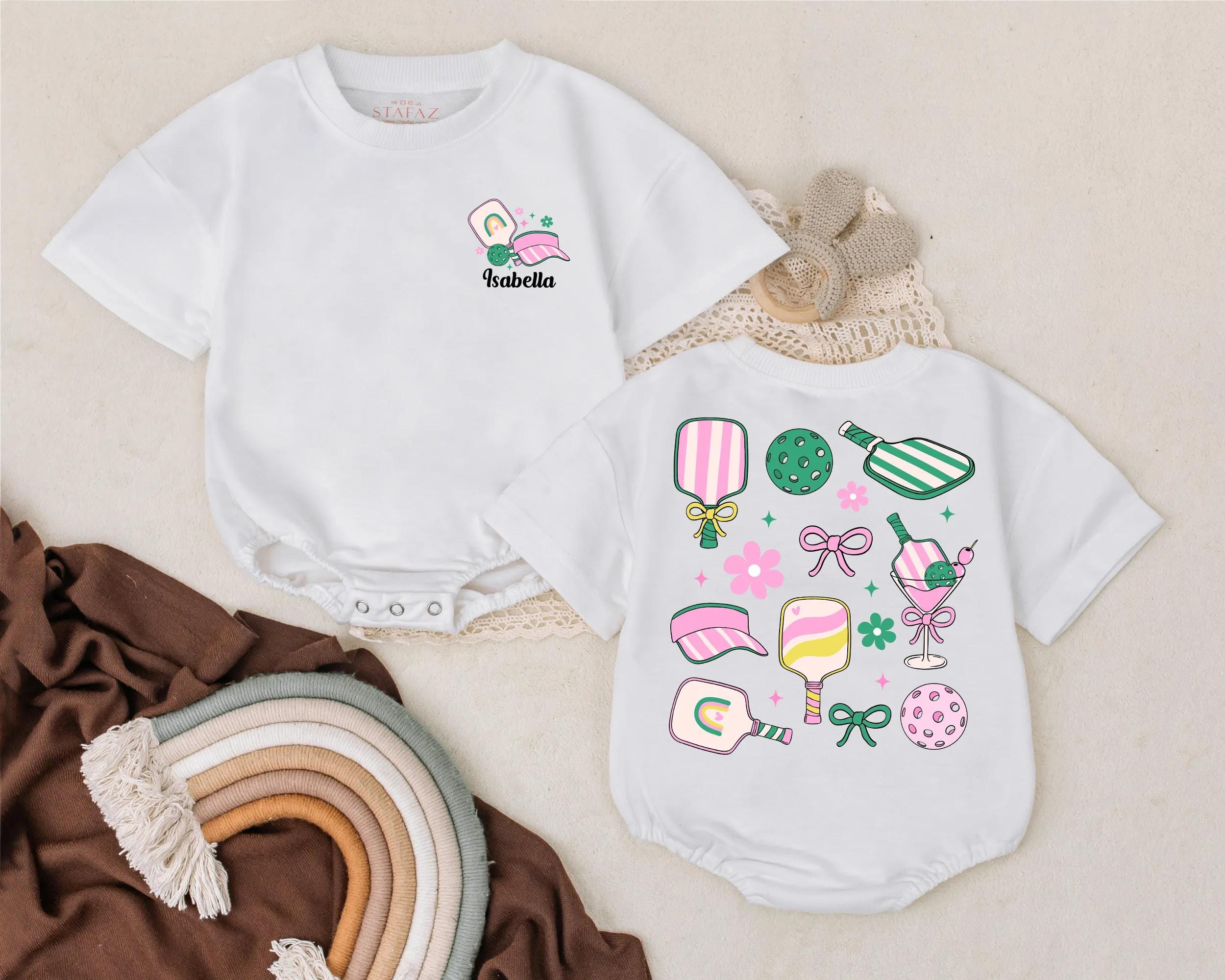 Custom Name Pickleball Romper for Baby Playful Paddle and Ball Design in Pink Green Yellow Cute Outfit Gift for Pickleball Lovers
