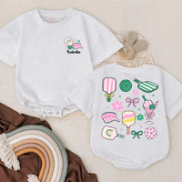 Custom Name Pickleball Romper for Baby Playful Paddle and Ball Design in Pink Green Yellow Cute Outfit Gift for Pickleball Lovers