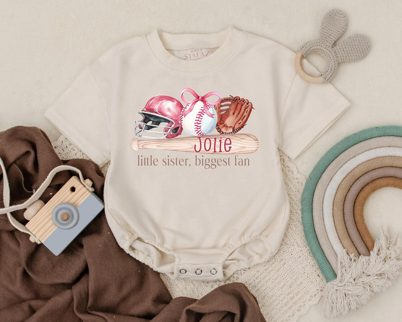 Custom Baby Girl Baseball Romper with Pink Helmet Little Sister Sports Outfit Soft Cotton Newborn Clothing Gift