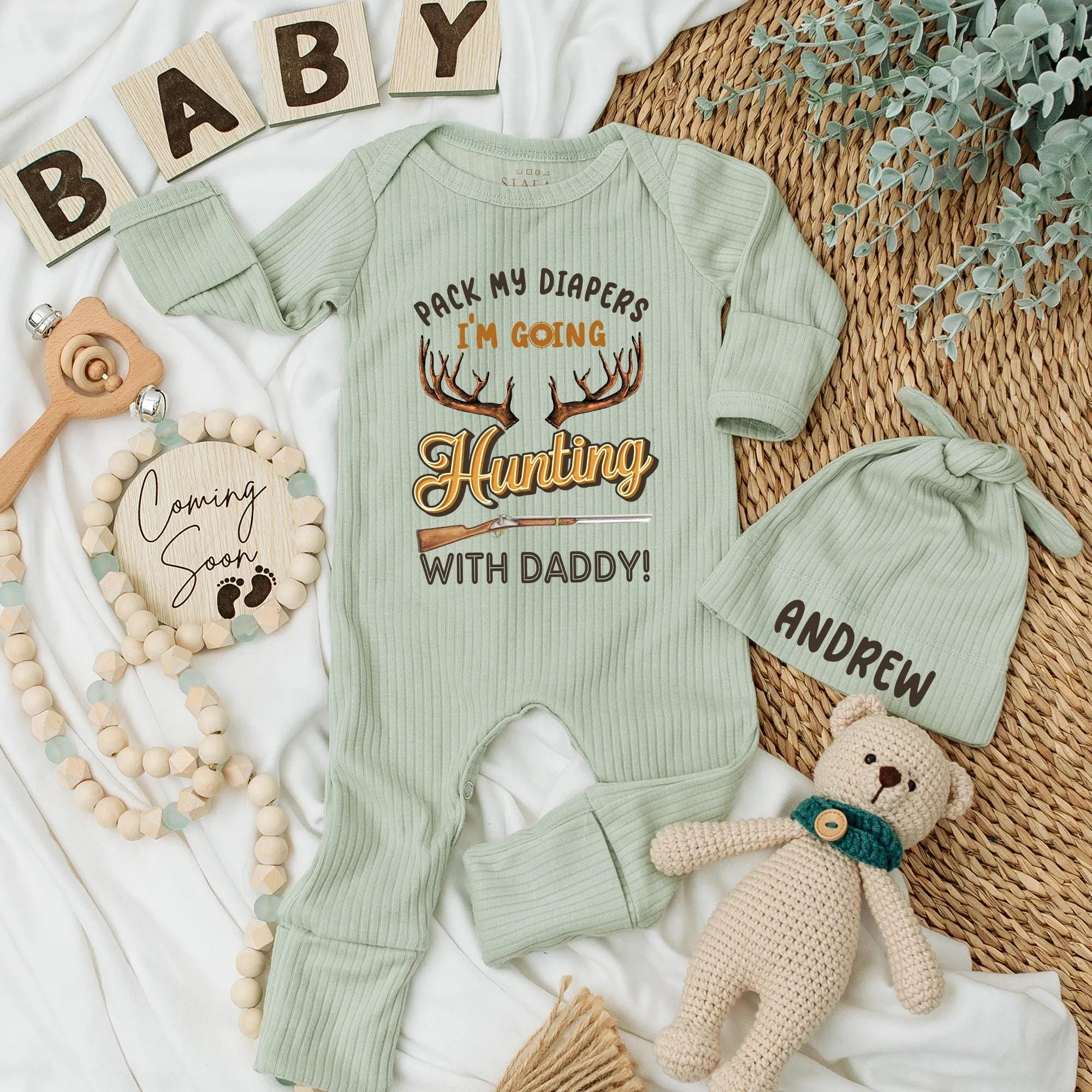 Pack My Diapers I'm Going Hunting with Daddy Bodysuit Personalized Newborn Boy Outfit Baby Shower Gift for Hunter Dad Adventure