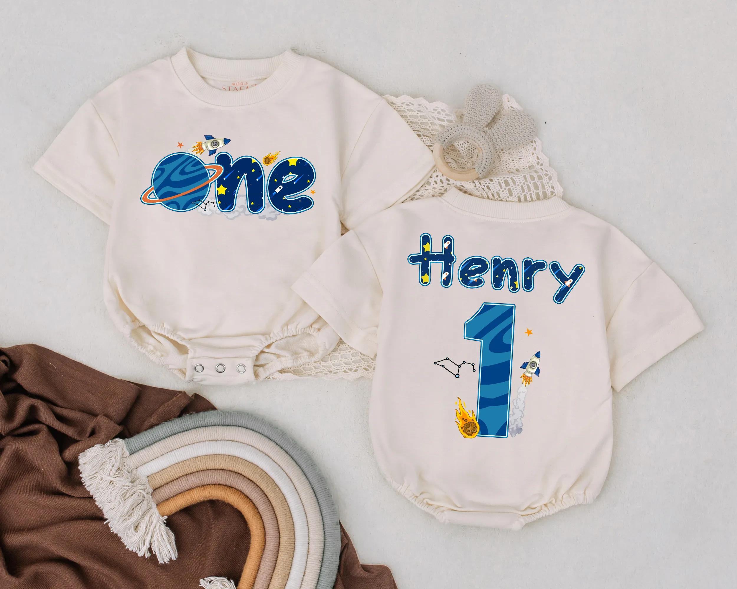 Personalized Space Adventure Romper for Baby Boys First Birthday Whimsical Rocket Planet Theme Outfit Custom Name Henry 1st Party Gift