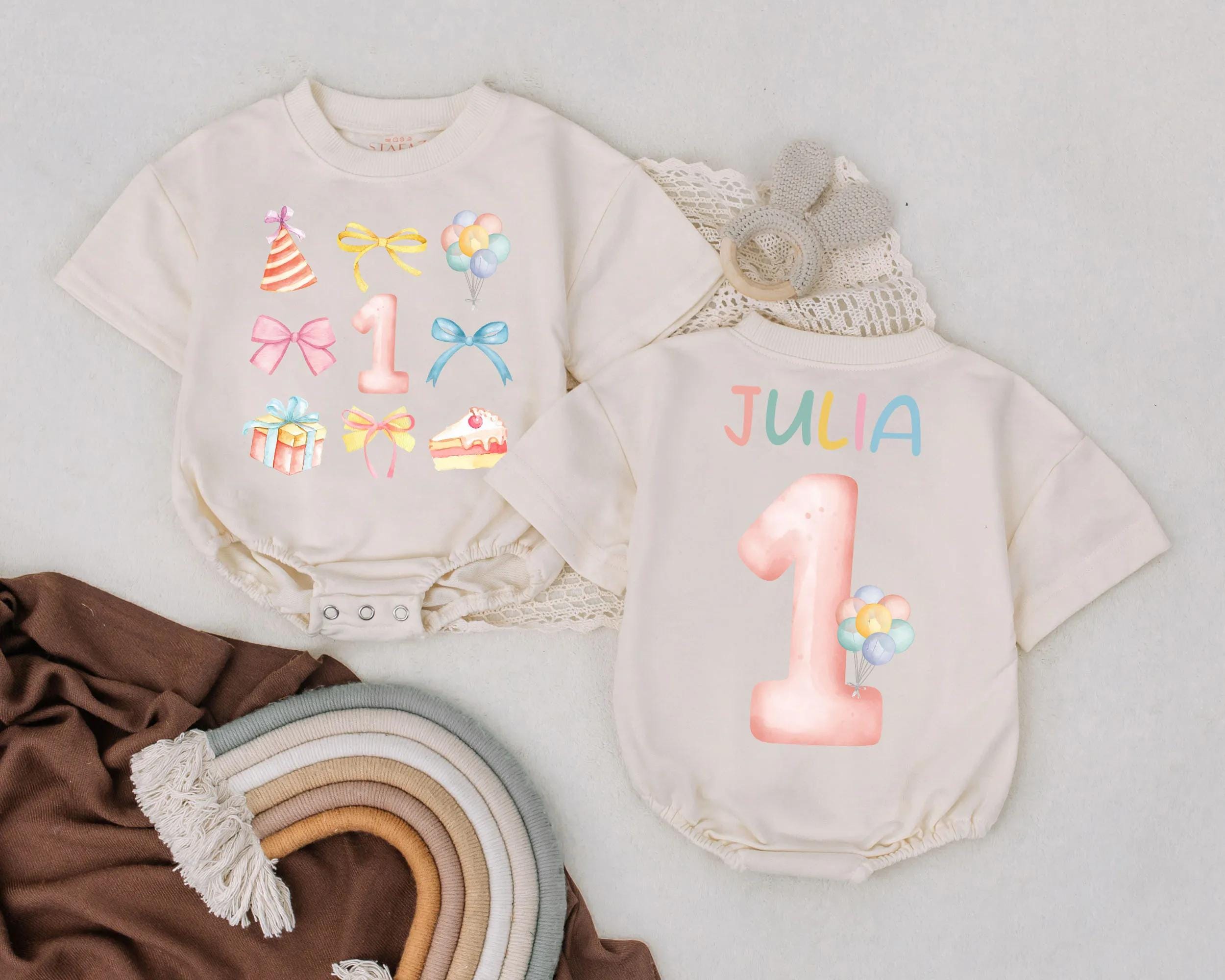 Personalized Baby Girl First Birthday Shirt with Colorful Bows and Balloons Custom Name Tee Toddler Party Outfit Soft Pastel Cotton Gift