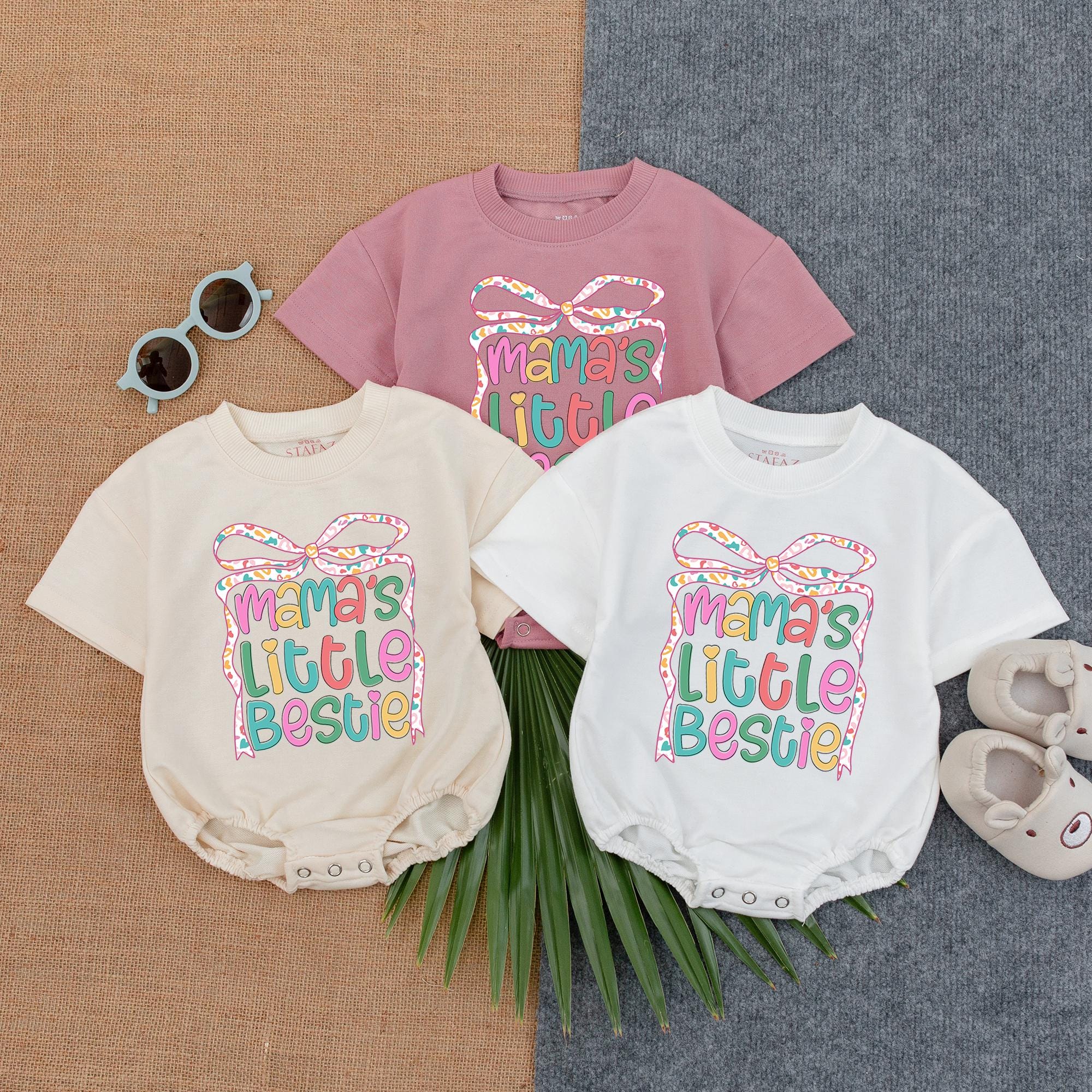 Mama's Little Bestie Pink Romper with Colorful Bow Baby Girl Outfit Soft Cotton Fathers Day Gift