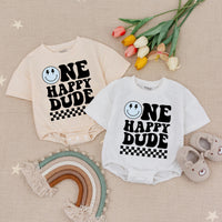 Custom Birthday Baby Romper One Happy Dude Retro Style Checkered Party Outfit Gift Smiley Face Graphic Brady Name Light Blue Number 1