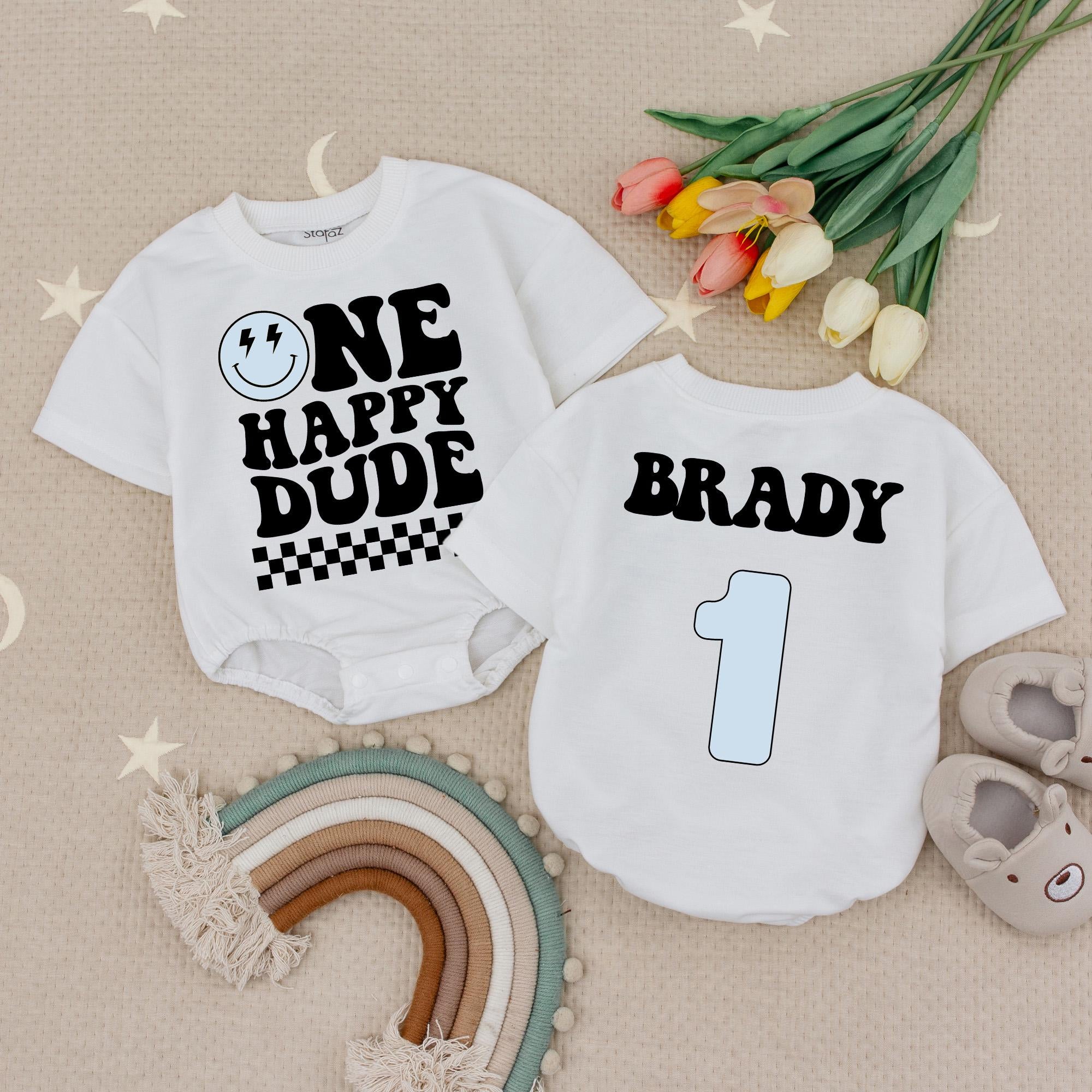 Custom Birthday Baby Romper One Happy Dude Retro Style Checkered Party Outfit Gift Smiley Face Graphic Brady Name Light Blue Number 1