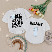 Custom Birthday Baby Romper One Happy Dude Retro Style Checkered Party Outfit Gift Smiley Face Graphic Brady Name Light Blue Number 1
