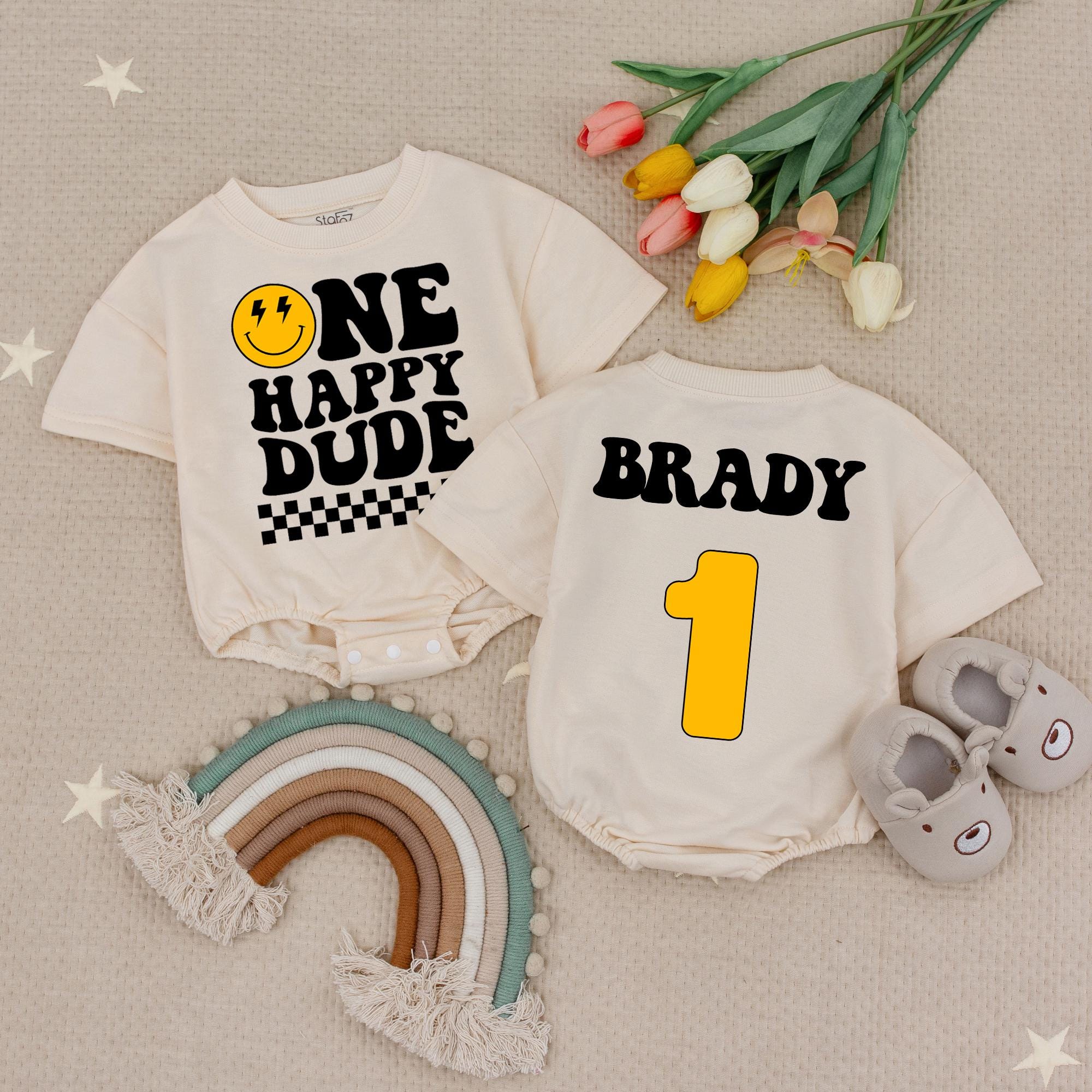 Custom Name One Happy Dude Birthday Romper Baby Smiley Face Outfit 1st Birthday Bodysuit Bold Playful Design Checkered Pattern