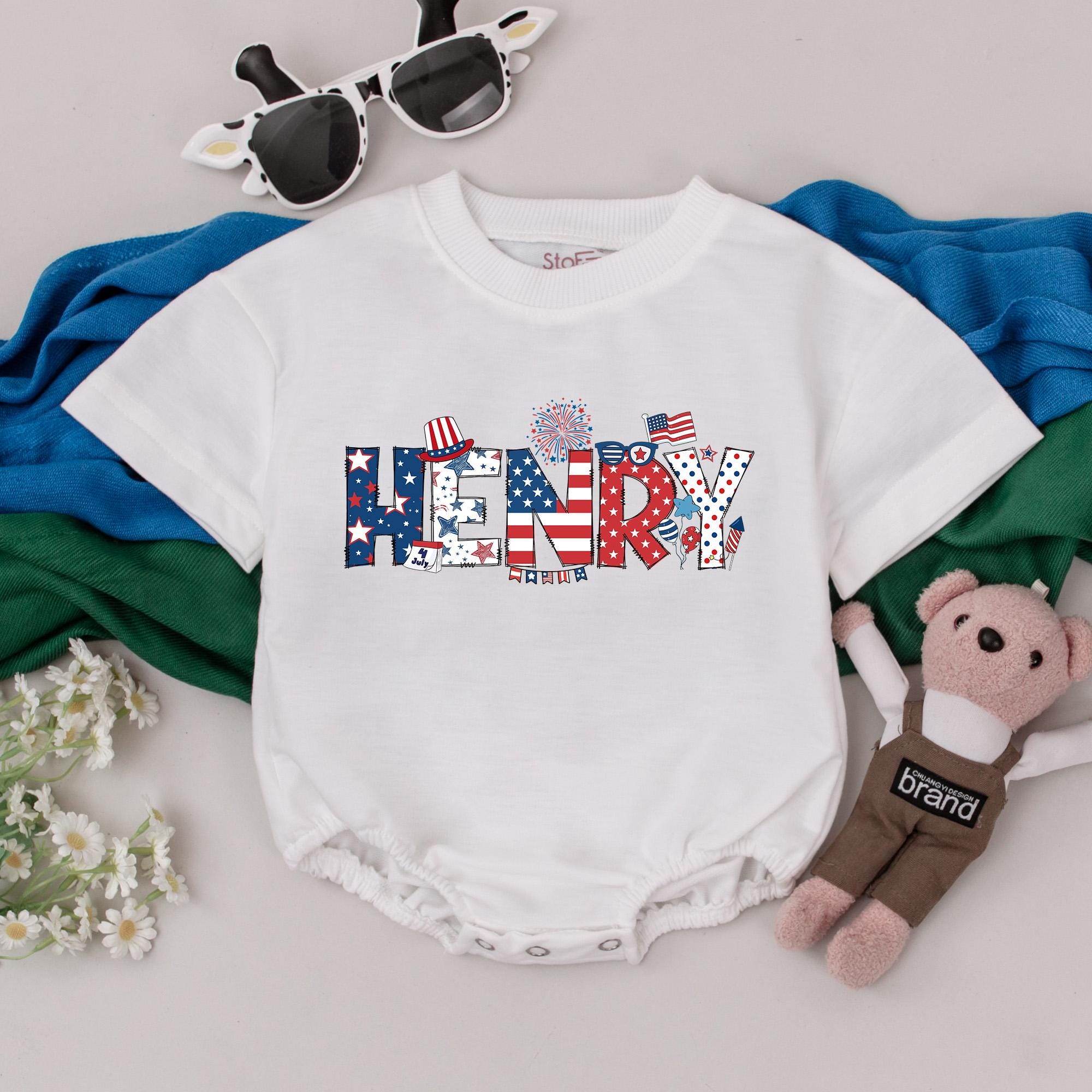 Custom Henry Patriotic Baby Romper Red White Blue 4th of July Outfit Soft Cotton Infant Holiday Gift for Boys Girls USA Pride
