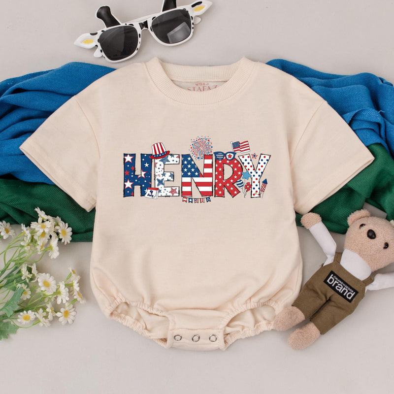 Custom Henry Patriotic Baby Romper Red White Blue 4th of July Outfit Soft Cotton Infant Holiday Gift for Boys Girls USA Pride