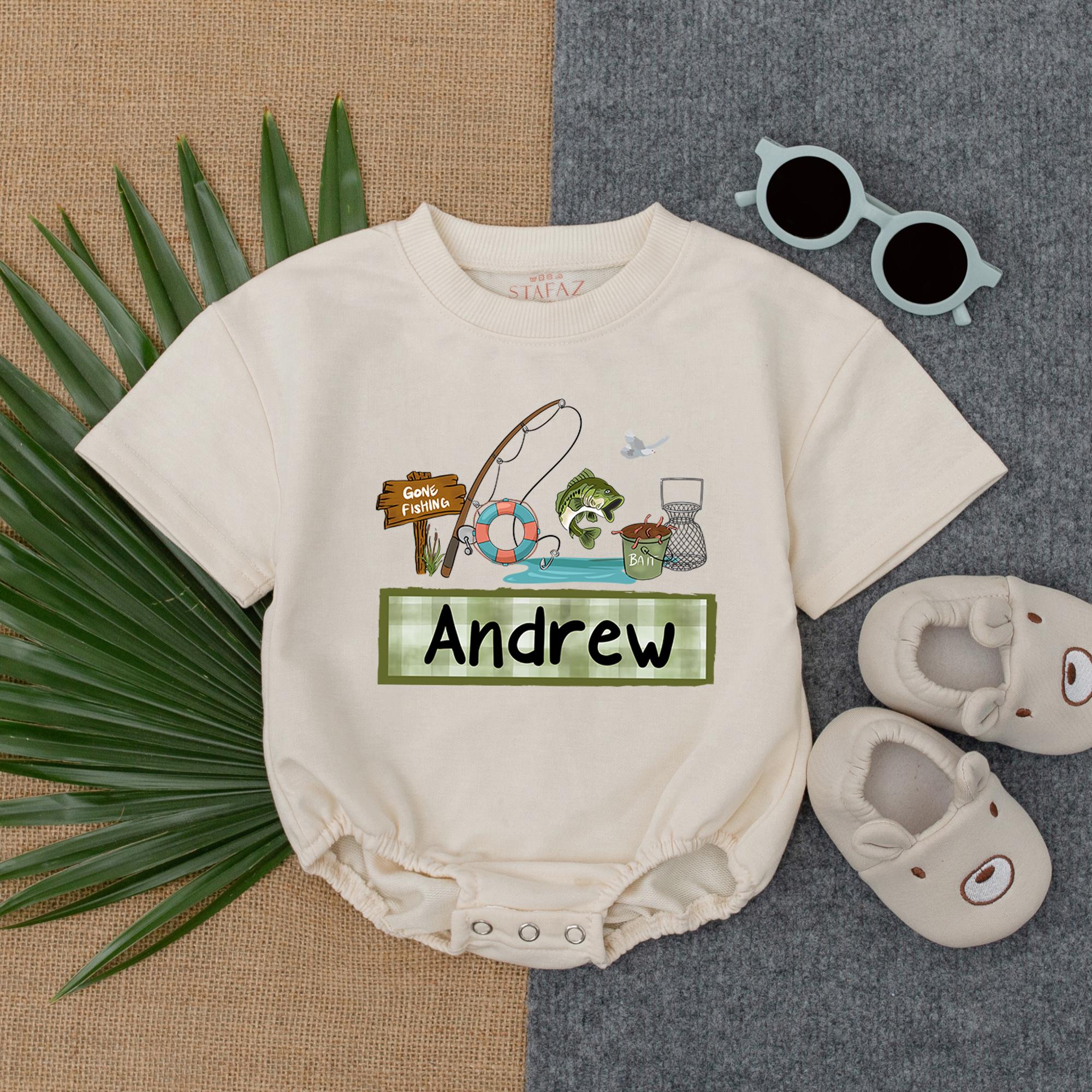 Personalized Fishing Buddy Romper Baby Boy Outfit with Playful Andrew Design Soft Cotton Gift for Father's Day or Birthday
