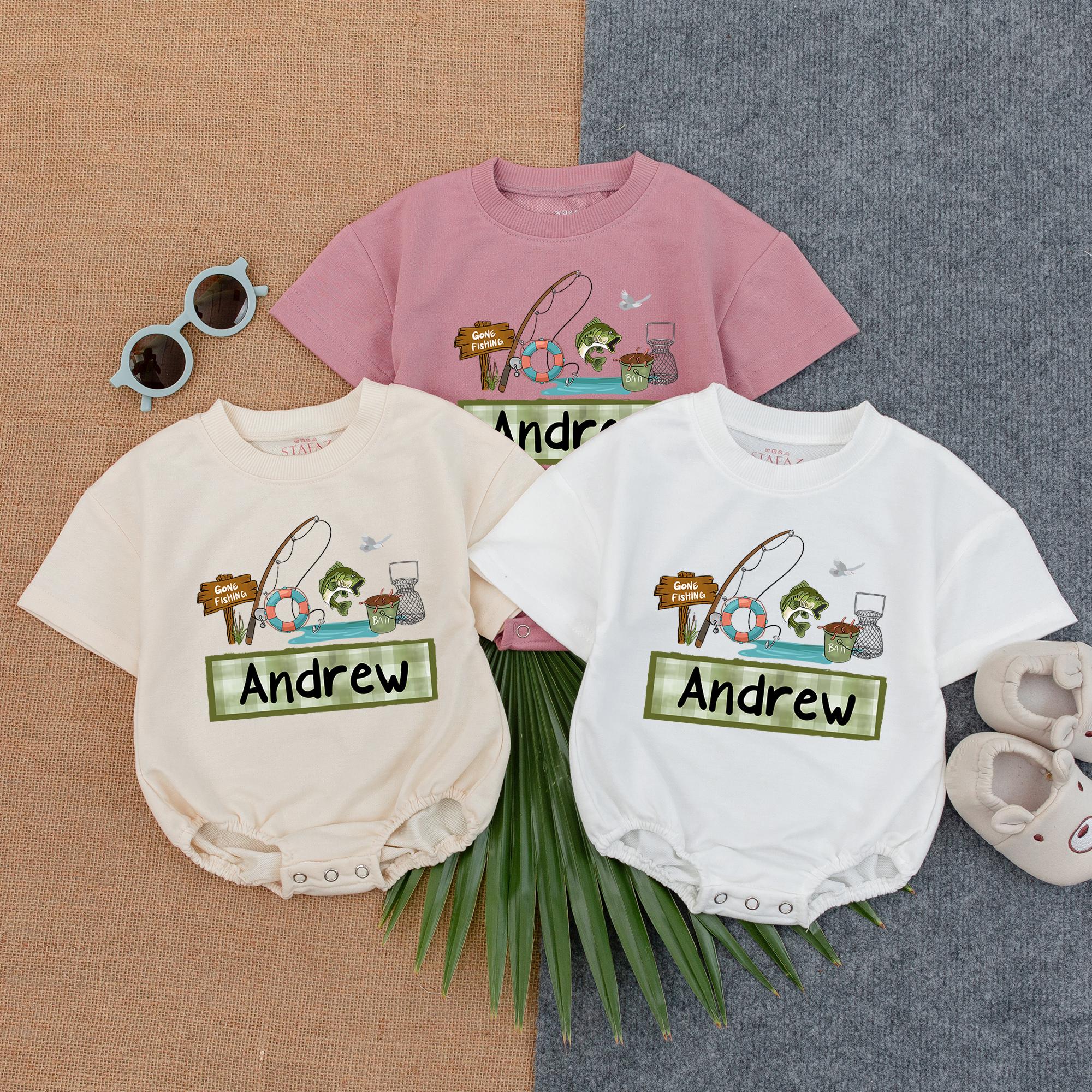 Personalized Fishing Buddy Romper Baby Boy Outfit with Playful Andrew Design Soft Cotton Gift for Father's Day or Birthday