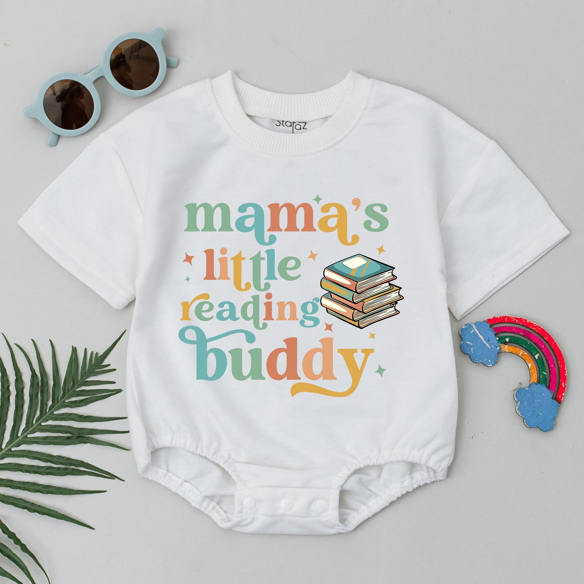 Mama's Little Reading Buddy Baby Romper Cute Pastel Book Theme Infant Bodysuit Soft Cotton Baby Shower Gift with Whimsical Stars