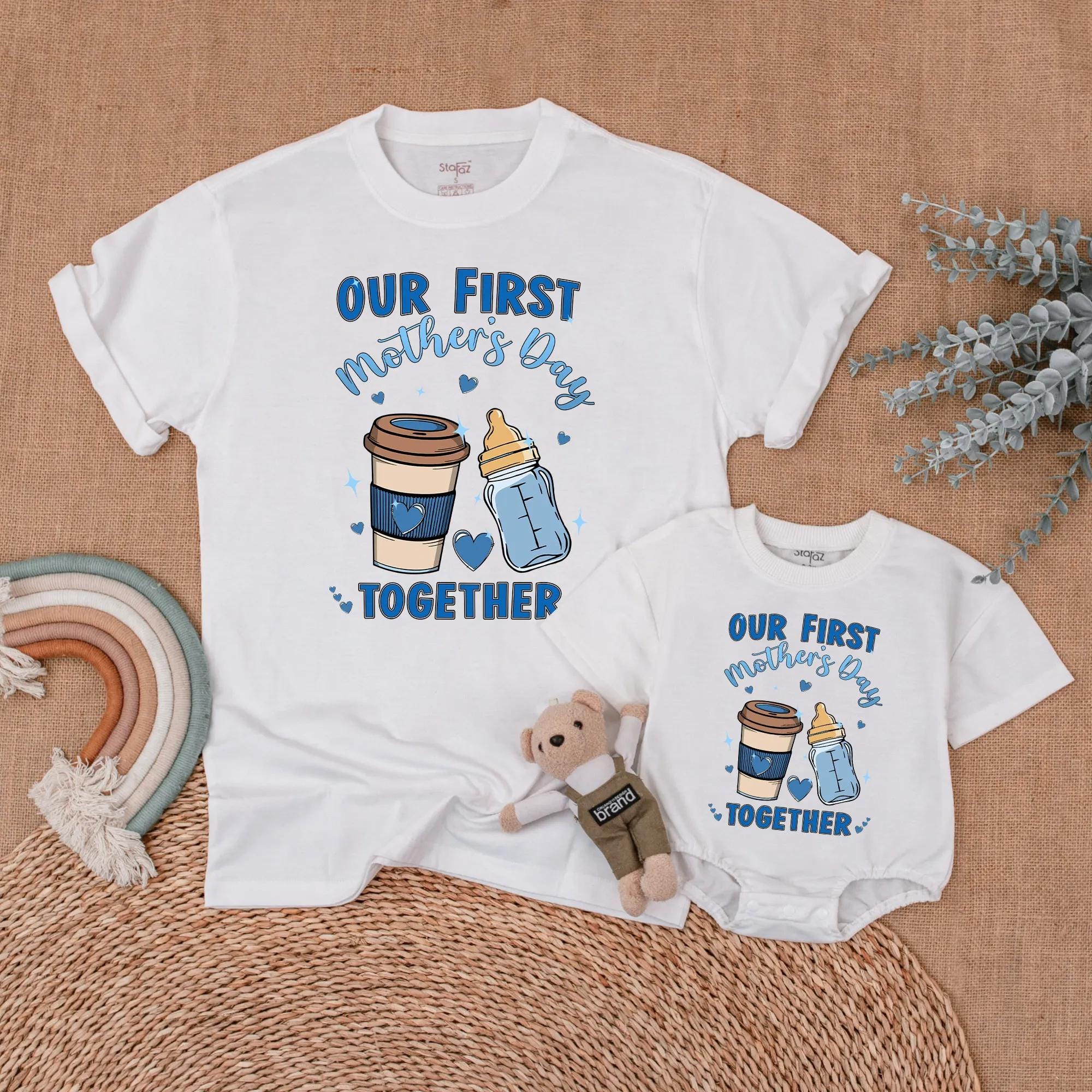 Our First Mother's Day Together Mommy and Me Matching Shirt Set Lovely Blue Brown Design Heartwarming Coffee Baby Theme Gift for Mom