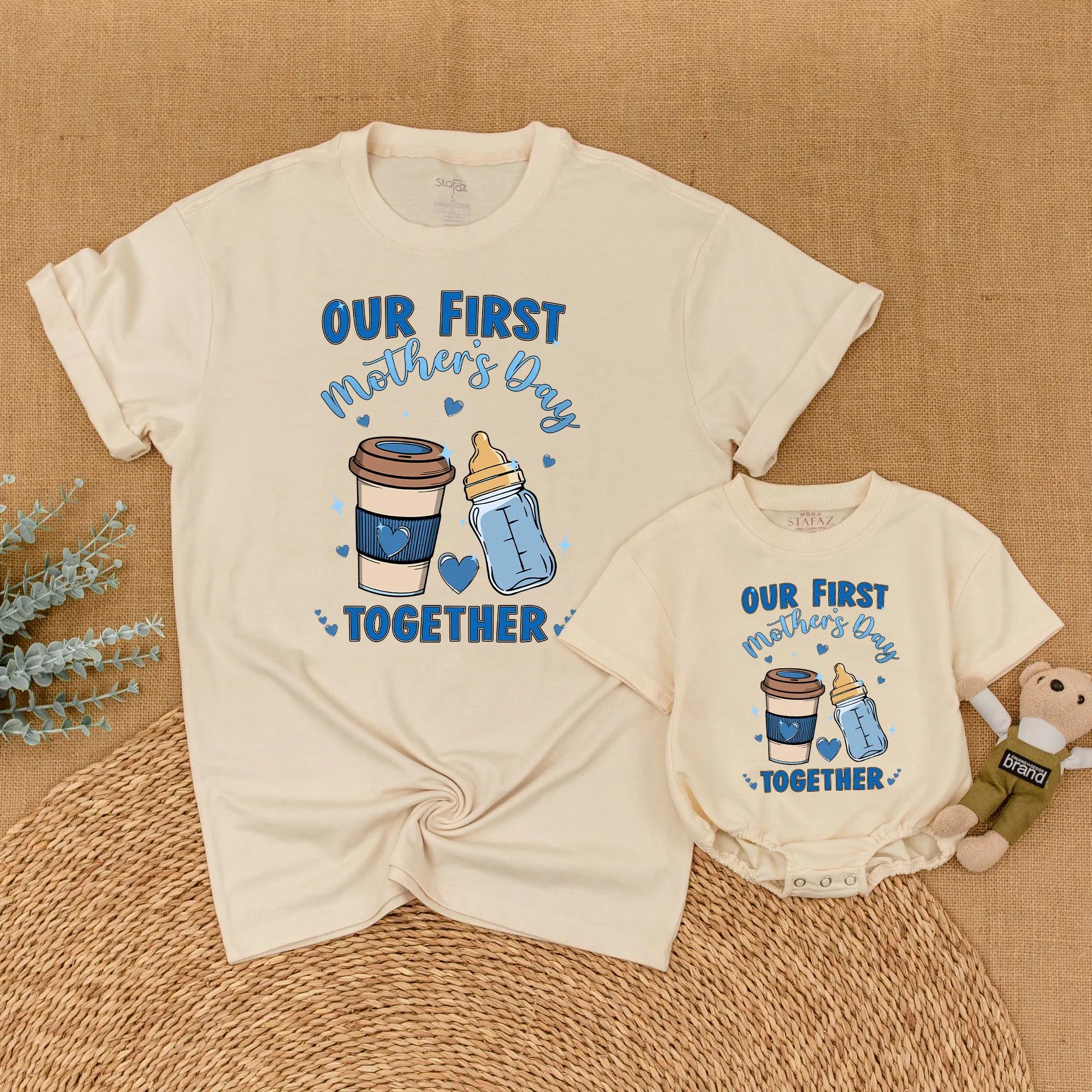 Our First Mother's Day Together Mommy and Me Matching Shirt Set Lovely Blue Brown Design Heartwarming Coffee Baby Theme Gift for Mom