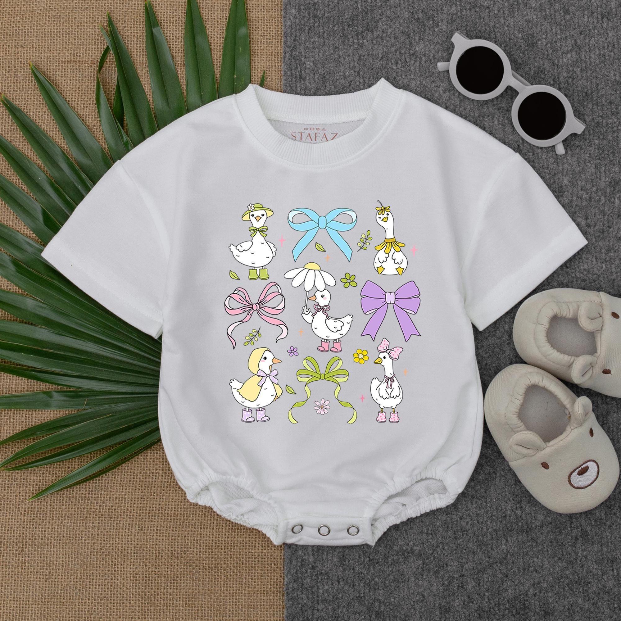 Spring Floral Goose Romper for Baby Girls Pastel Cartoon Geese Outfit Soft Cotton Short Sleeves Perfect for Coming Home or Baby Shower Gift