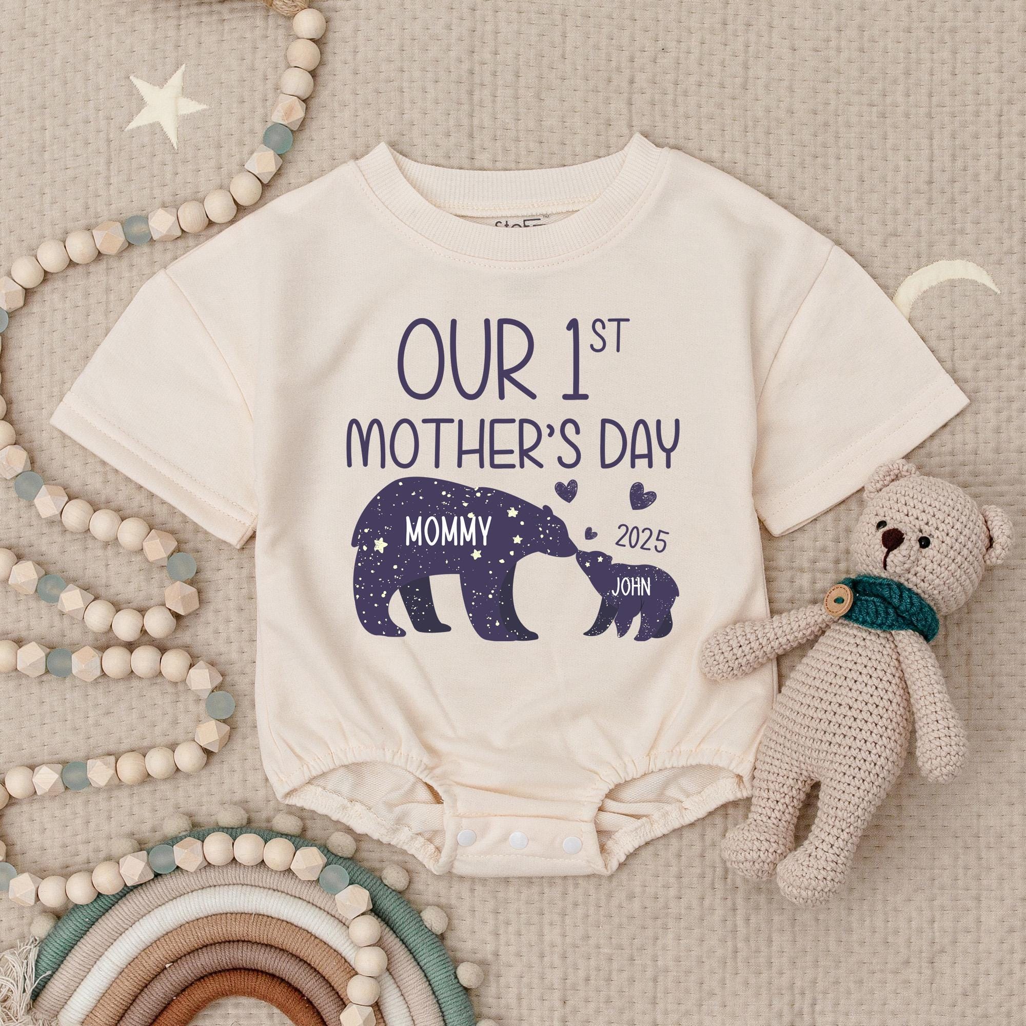 Custom First Mother's Day Baby Romper with Bear Design Personalized 2025 Outfit Adorable Soft Purple Infant Celebration Clothing