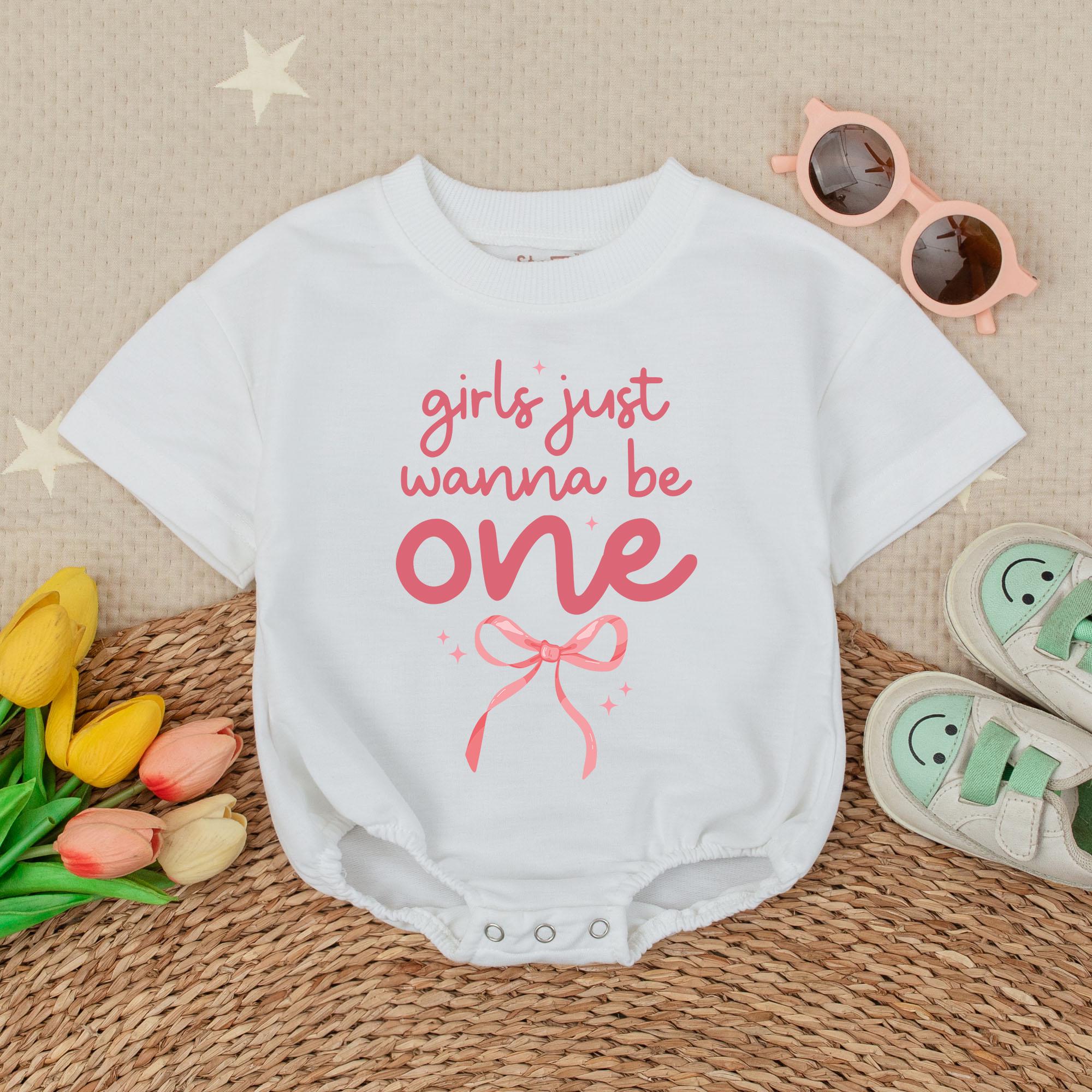 Girls Just Wanna Be One Pink Bow Romper First Birthday Outfit Baby Toddler Celebration Soft Cotton Playful Design Special Day