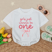 Girls Just Wanna Be One Pink Bow Romper First Birthday Outfit Baby Toddler Celebration Soft Cotton Playful Design Special Day