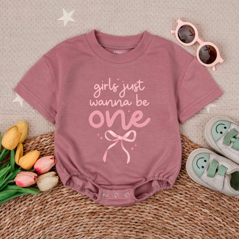 Girls Just Wanna Be One Pink Bow Romper First Birthday Outfit Baby Toddler Celebration Soft Cotton Playful Design Special Day
