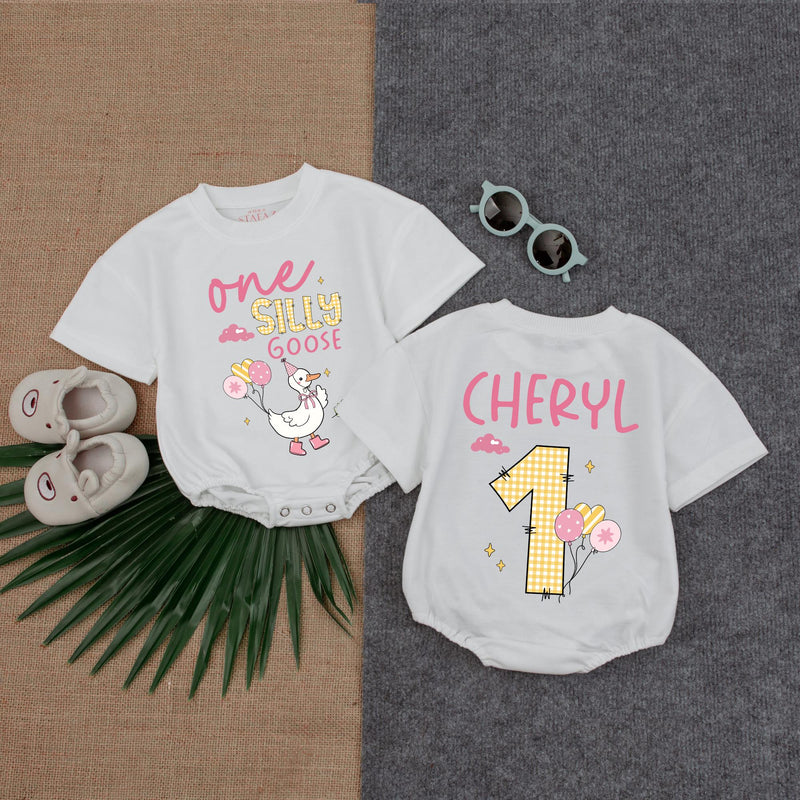 Custom Silly Goose Baby Romper with Name & Birthday Number, 1st Birthday Outfit, Cotton Bubble Bodysuit for Baby Girls, Summer Party Wear