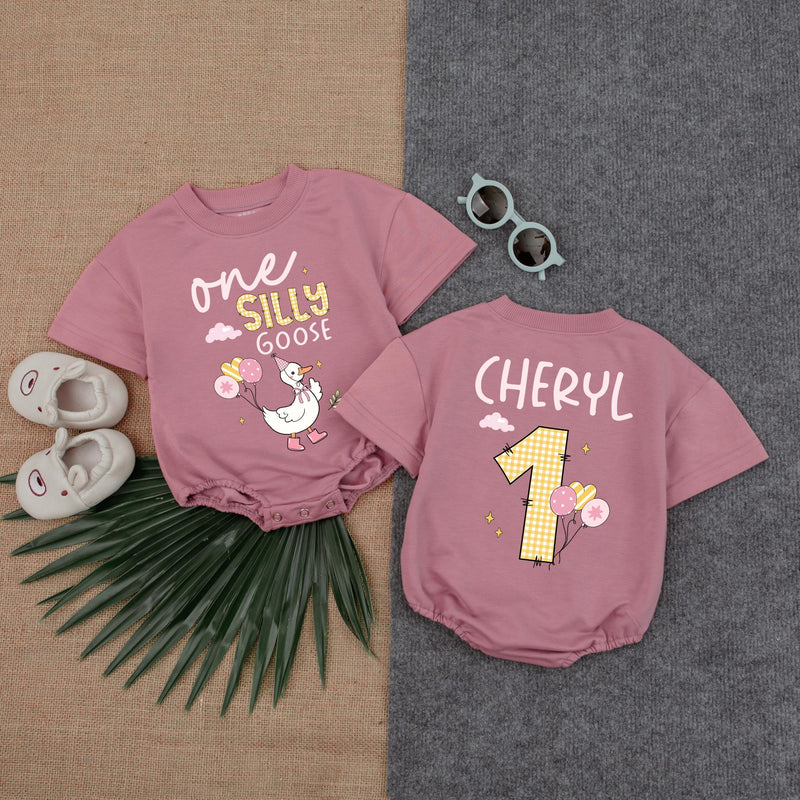 Custom Silly Goose Baby Romper with Name & Birthday Number, 1st Birthday Outfit, Cotton Bubble Bodysuit for Baby Girls, Summer Party Wear