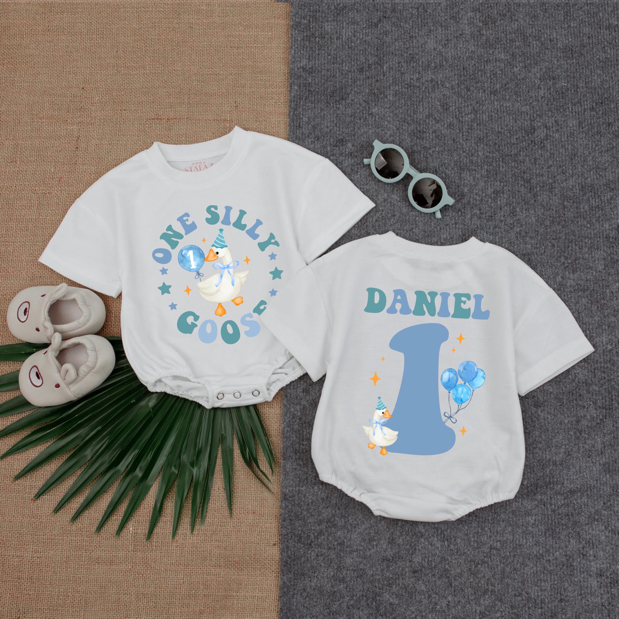 Custom Silly Goose Romper for Boys First Birthday Fun Outfit Baby Party Clothes Festive Design with Name and Age Soft Cotton Comfort