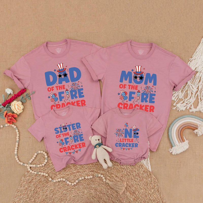 Matching Family Firecracker Shirts Vibrant 4th of July Outfits Birthday Celebration Red Blue Firework Design Personalized Patriotic Wear
