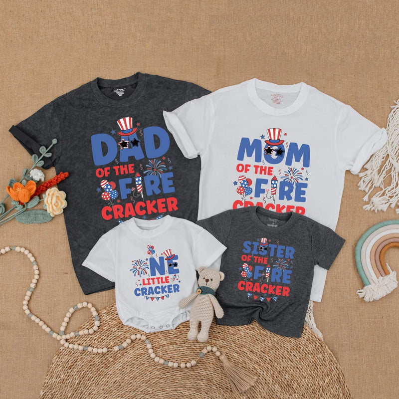 Matching Family Firecracker Shirts Vibrant 4th of July Outfits Birthday Celebration Red Blue Firework Design Personalized Patriotic Wear