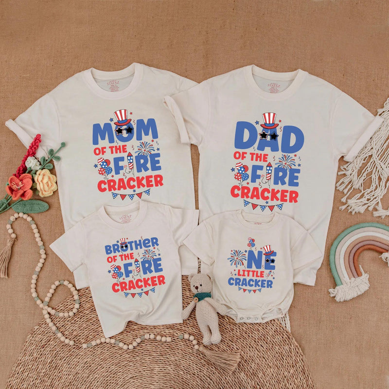 Matching Family Firecracker Shirts Vibrant 4th of July Outfits Birthday Celebration Red Blue Firework Design Personalized Patriotic Wear