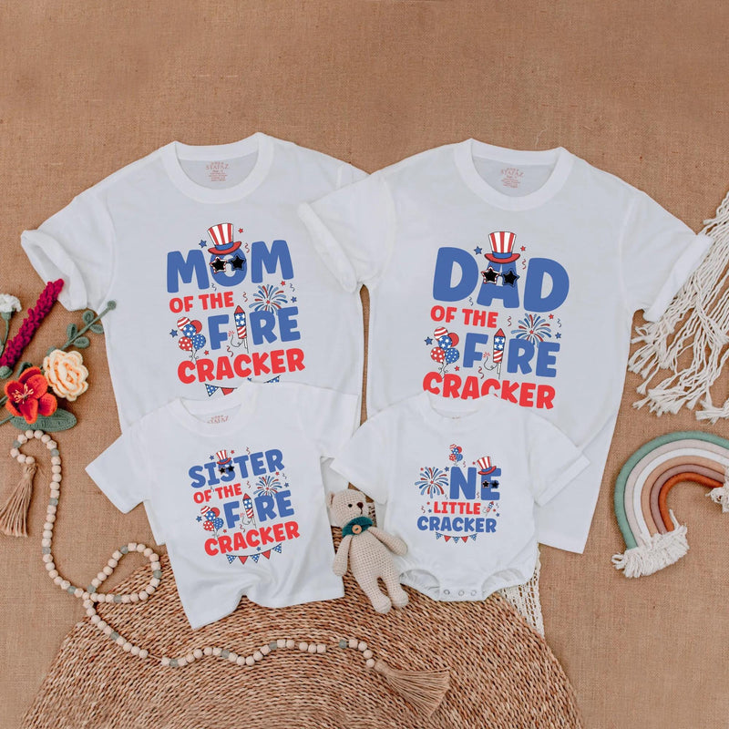 Matching Family Firecracker Shirts Vibrant 4th of July Outfits Birthday Celebration Red Blue Firework Design Personalized Patriotic Wear