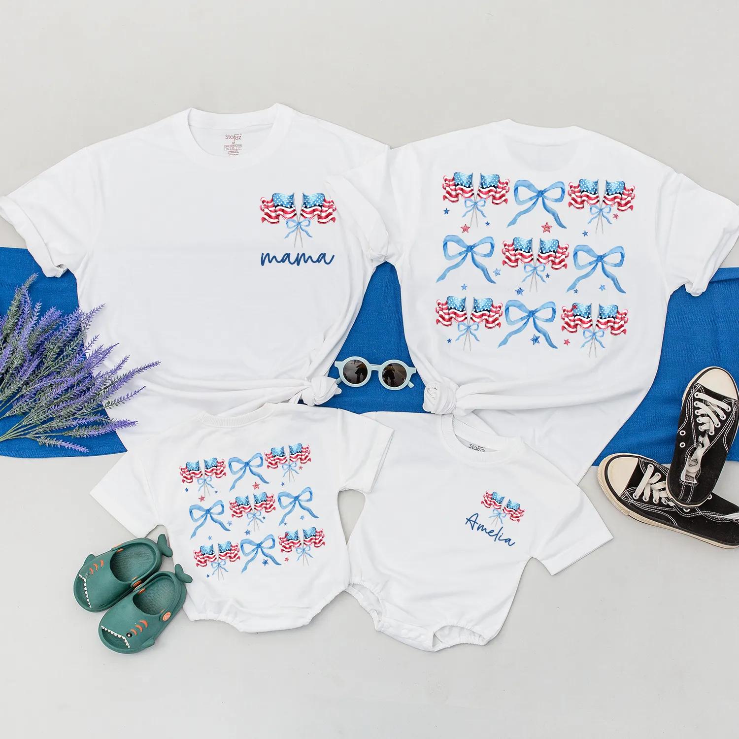Personalized 4th of July Family Outfits American Flag Bow Design Mom Baby Romper Set Independence Day Matching Clothes USA Theme