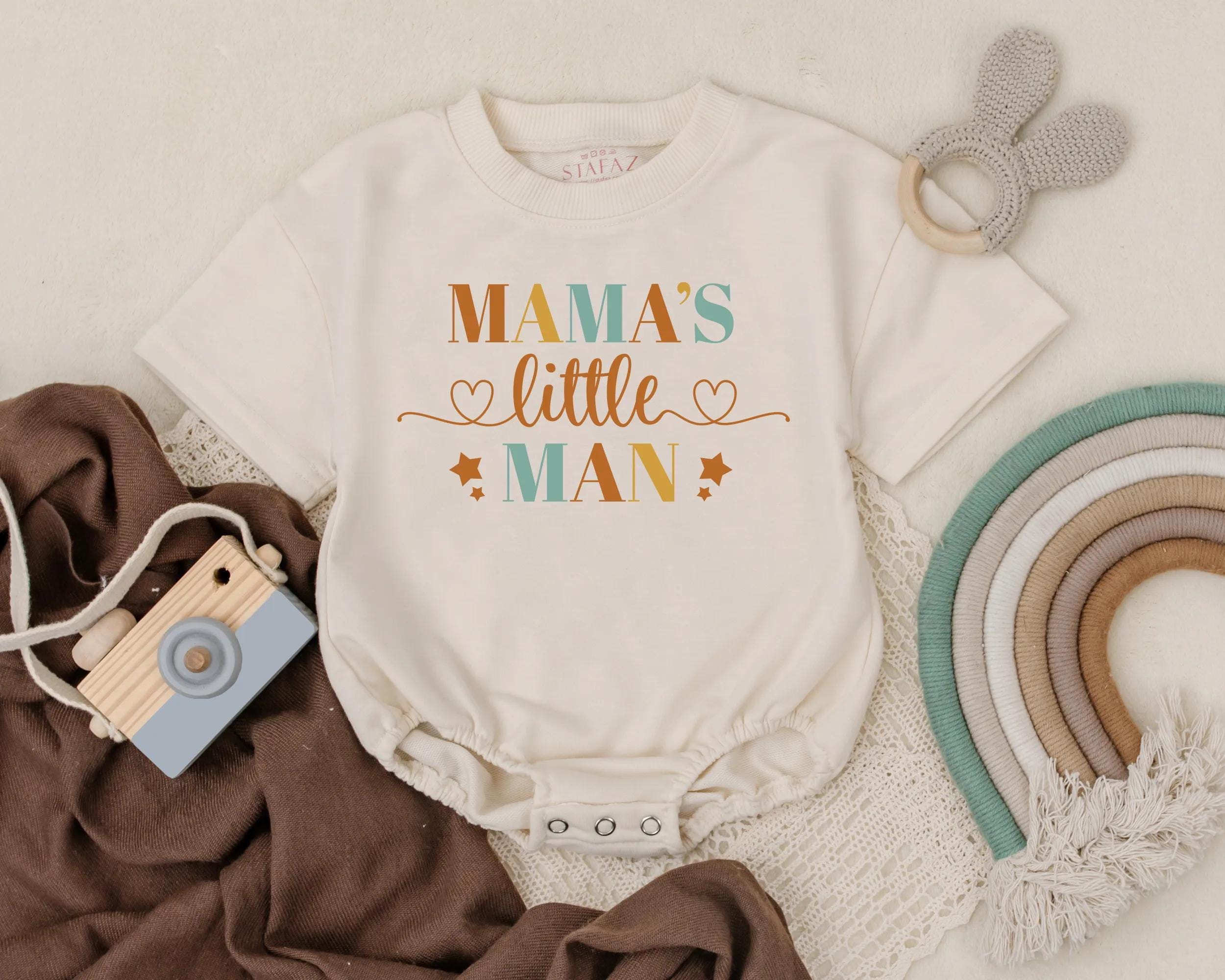Mama's Little Man Romper in Teal and Orange Soft Cotton Baby Outfit Perfect for First Mother's Day or Shower Gift with Heart and Star Design