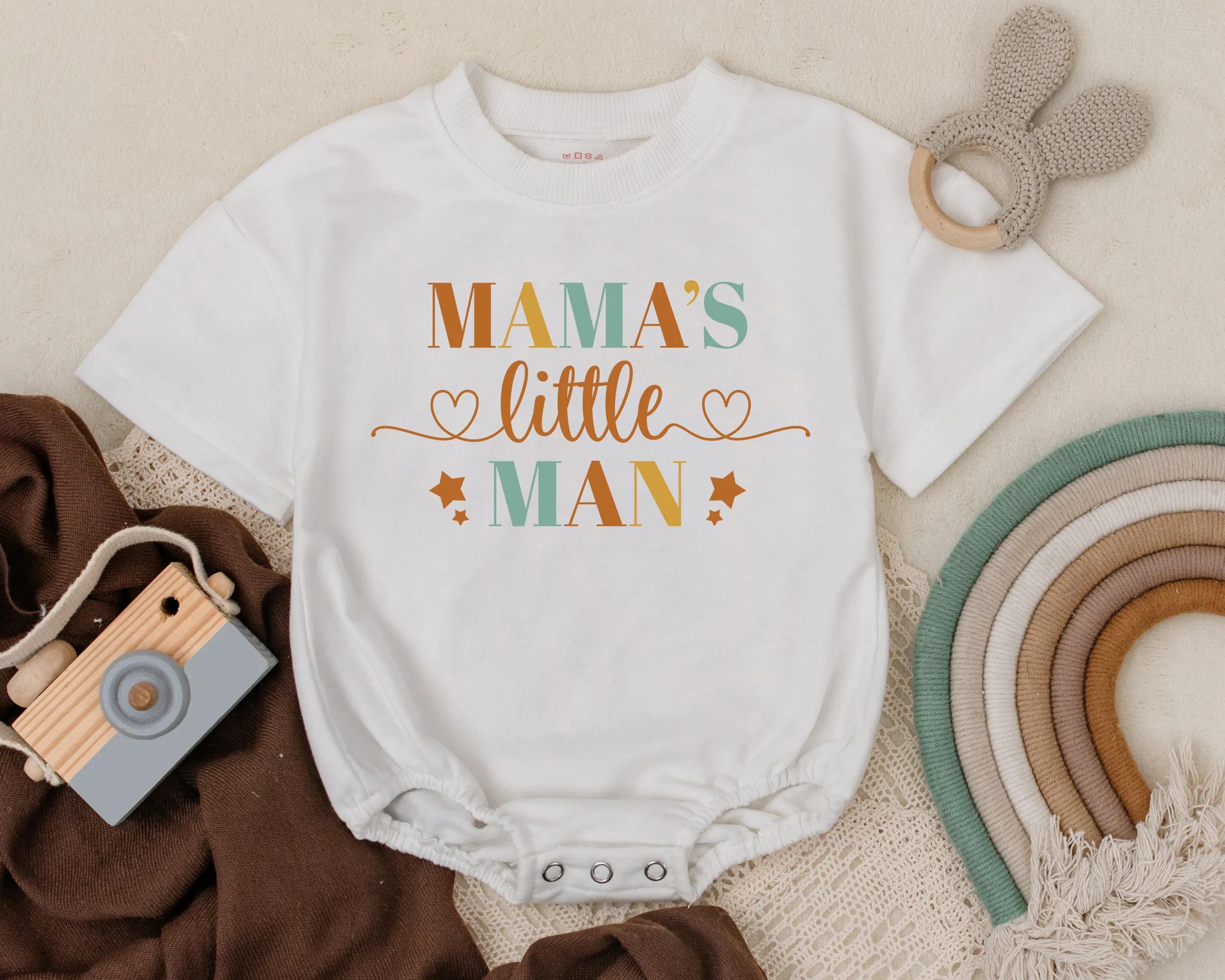 Mama's Little Man Romper in Teal and Orange Soft Cotton Baby Outfit Perfect for First Mother's Day or Shower Gift with Heart and Star Design