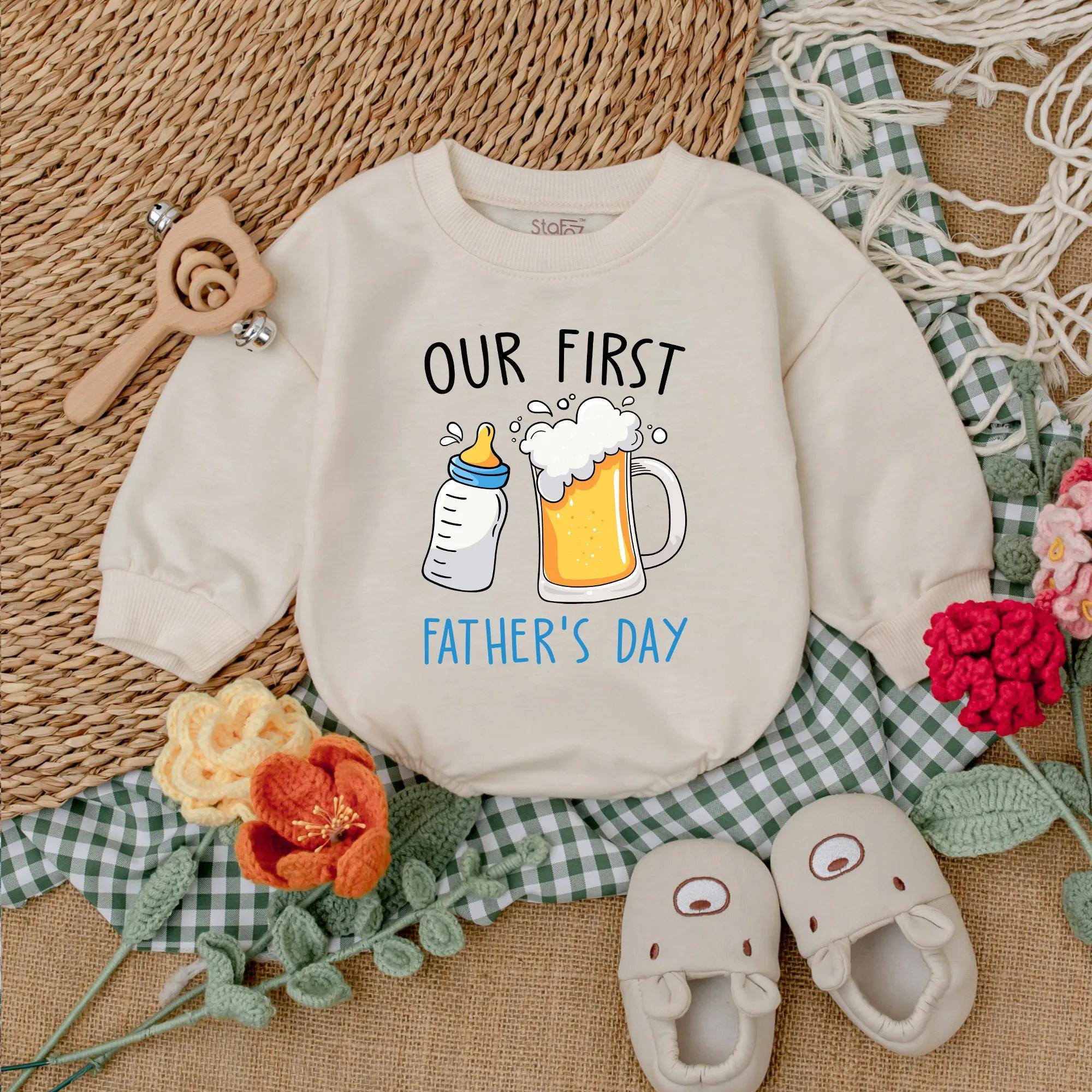Our First Father's Day Baby Romper with Cartoon Beer Mug and Bottle Design Gift Boy Clothes Soft Cotton Fun Outfit