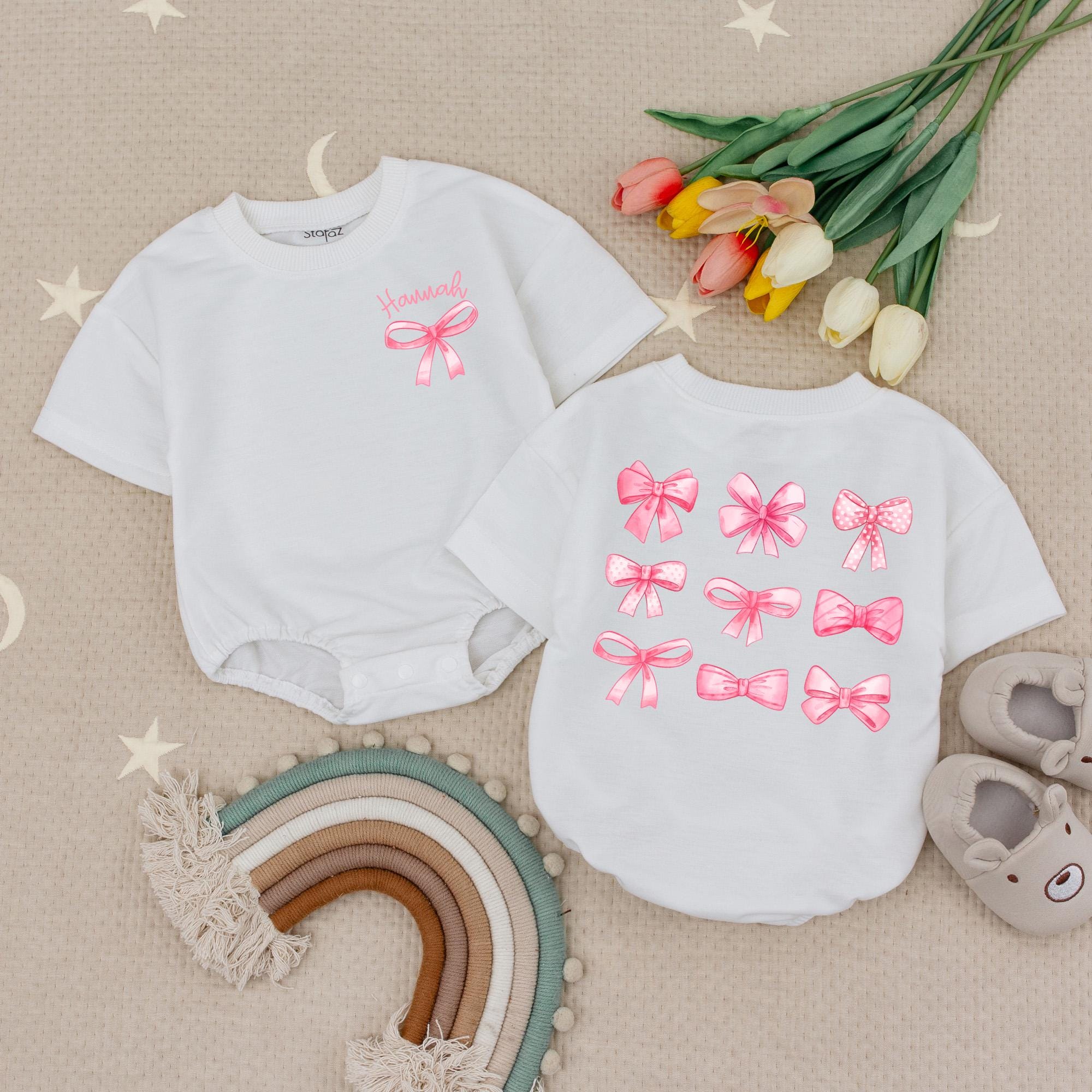 Pink Bows Baby Romper Charming Coquette Bodysuit Newborn Girl Outfit Whimsical Ribbon Design Soft Cotton Birthday Holiday Gift