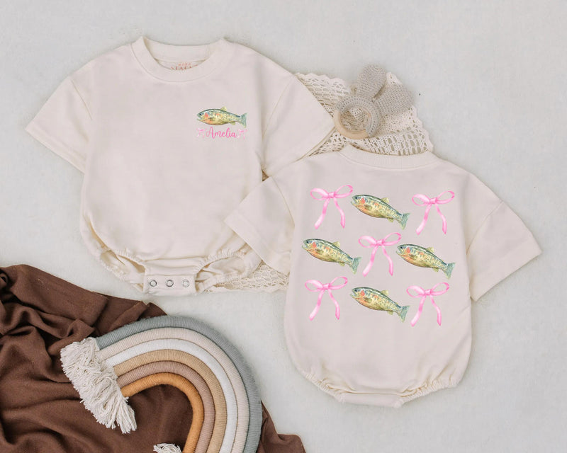 Personalized Bass Fish Romper with Pink Bow for Baby Girl's First Birthday Soft Cotton Summer Outfit Vibrant Green Yellow Design Gift