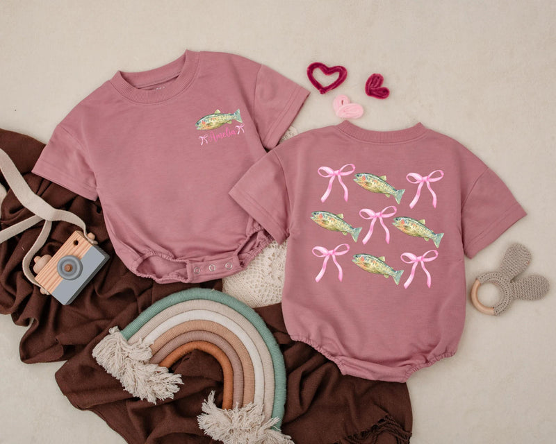 Personalized Bass Fish Romper with Pink Bow for Baby Girl's First Birthday Soft Cotton Summer Outfit Vibrant Green Yellow Design Gift