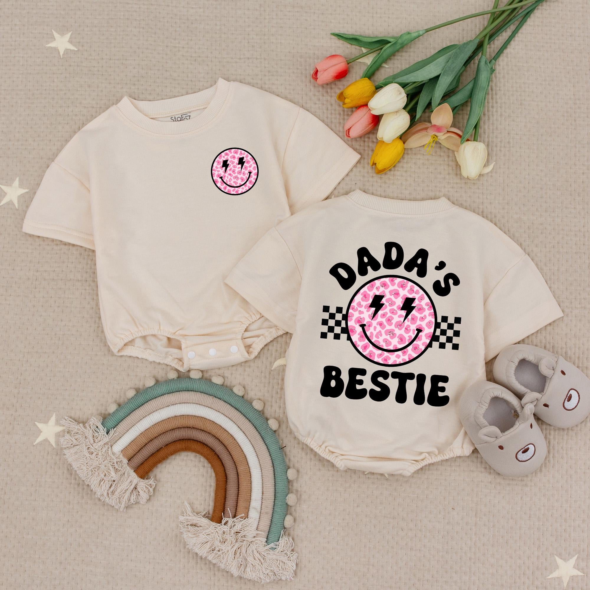 Dada's Bestie Baby Girl Romper with Pink Smiley and Leopard Print Comfortable Outfit for Special Occasions or Casual Days Gift Idea
