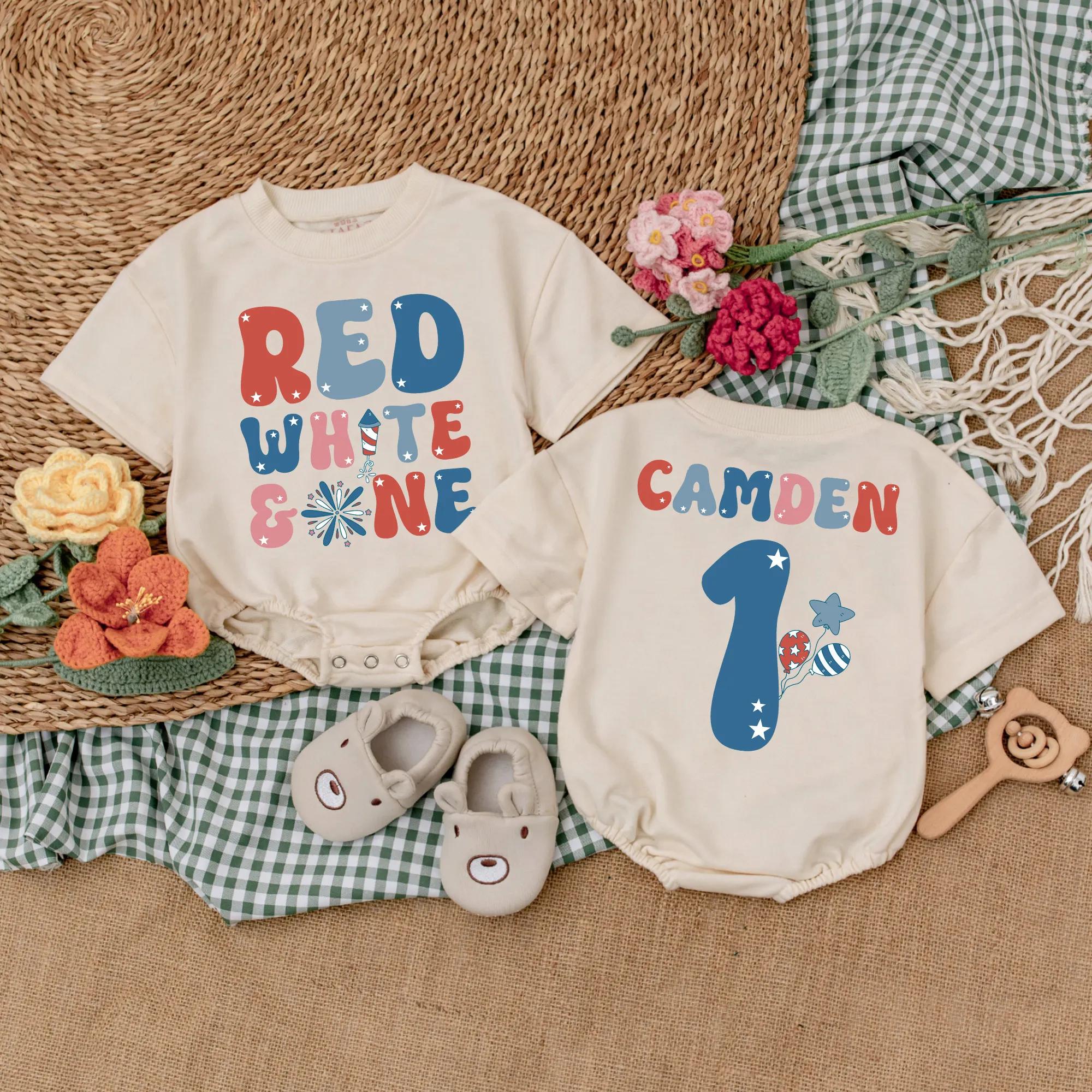 Personalized Red White & One Baby Romper Patriotic Birthday Outfit First Year Celebration Boys Girls 4th July Soft Cotton Gift