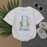 Personalized Baby Boy Romper with Monogram B Watercolor Fishing Design Soft Blue Toddler Summer Outfit Gift Playful Handwritten Name