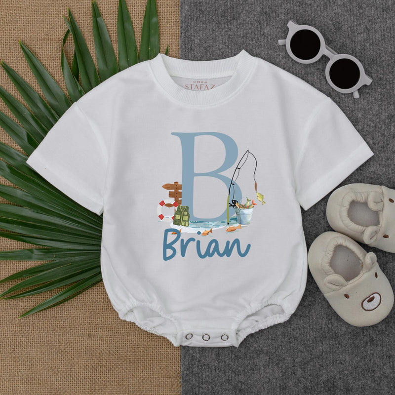 Personalized Baby Boy Romper with Monogram B Watercolor Fishing Design Soft Blue Toddler Summer Outfit Gift Playful Handwritten Name
